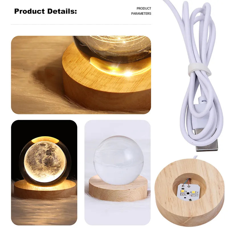 3d Planet Crystal Ball With Wooden Base,3d Crystal Led Night Light,space  Galaxy Crystal Ball Ornament For Home